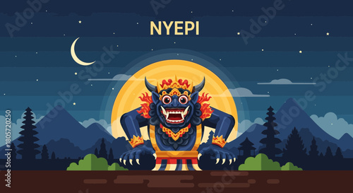 Stunning Balinese Nyepi Day illustration with Ogoh-Ogoh demon at night sky