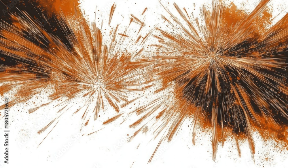 Naklejka premium dynamic orange and black paint bursts with radial splatter and energetic motion on white background