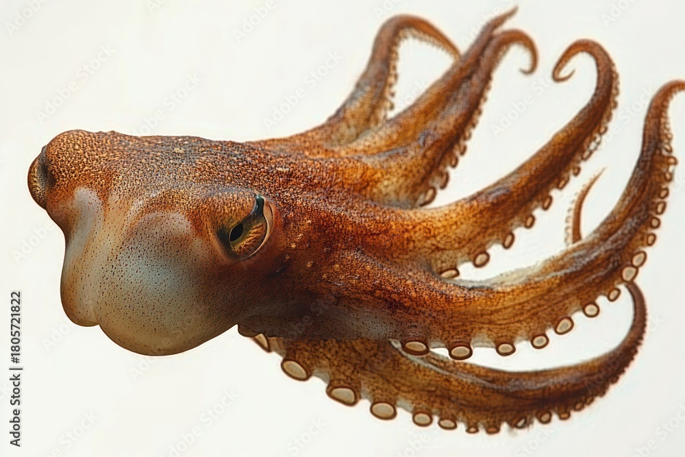 Fototapeta premium curious brown octopus with outstretched tentacles, textured skin and a watchful eye on a clean white background