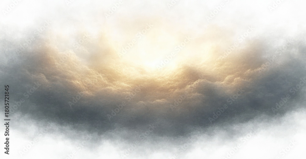Obraz premium golden light breaking through layered gray clouds with soft misty edges, creating a dramatic, serene and hopeful sky