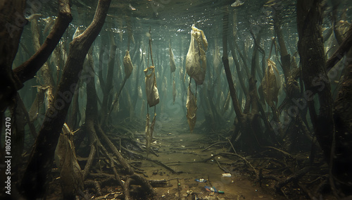 Plastic waste caught in the roots of mangrove trees underwater pollutes the marine ecosystem. Generative AI.