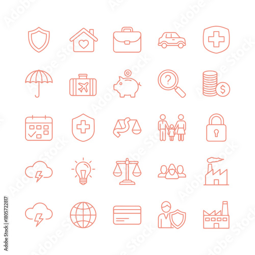 Insurance Icons: A curated collection of insurance-related icons, each representing essential aspects of protection and security. Designed with a clean, modern aesthetic. 