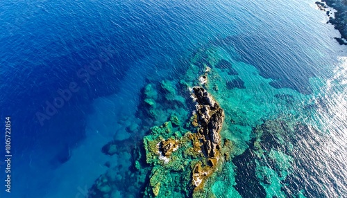 Aerial view of the ocean, displaying vibrant blues and turquoise over submerged rocks and a rocky coastline