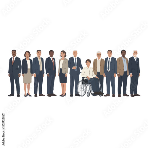 Inclusive Professional Ensemble: A collection of diverse individuals, elegantly dressed in formal attire, stand united, exemplifying a commitment to equality and unity.
