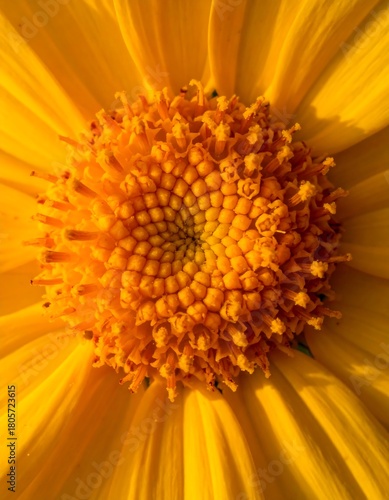 A vibrant, close-up of a golden flower showcasing its textured center and radiating petals in bright sunlight