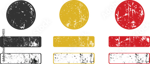 Set of distressed grunge textures and shapes in black, gold, and red; abstract artistic vintage design elements including scratched circles and worn rectangular banners for overlay effects, stamp seal