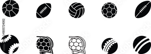 Set of various sports balls in simple black and white vector design
