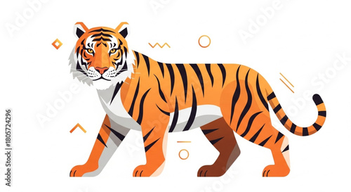 Flat-vector tiger with bold stripes, geometric shapes, warm orange tones, premium gradient detailing, isolated on a white background.
