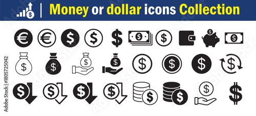 Money and Finance Icons Collection. Dollar icon set. Money, wallet, payment, bank, fund, earnings, income, currency, business, Vector Illustration