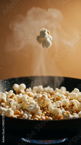 Popcorn Kernels Popping and Exploding in a Hot Pan with Steam