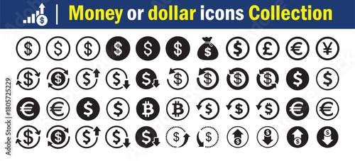 Money and Currency Icon Collection. Payment icons set Bold black payment and finance vector icon set featuring cash. vector Illustration