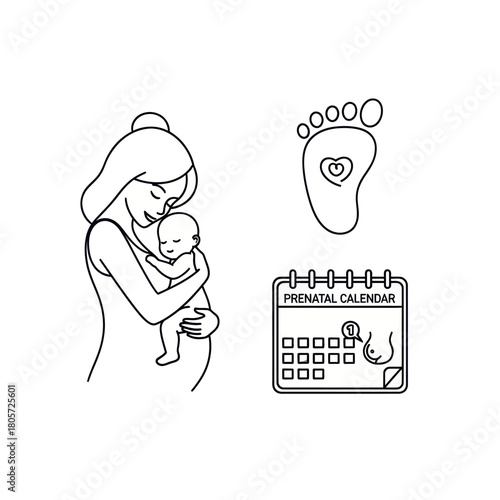 A set of black line art icons depicting pregnancy, motherhood, and a newborn baby.