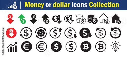Money and Currency Icons Set. Dollar Finance Symbol Collection. Vector Illustration