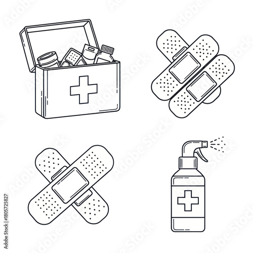 Hand-drawn line art icons of first aid supplies: kit, adhesive bandages, and spray.
