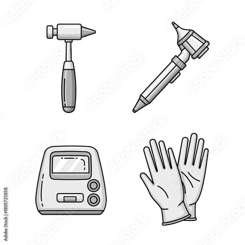 Illustrated collection of medical instruments: reflex hammer, otoscope, glucometer, and gloves