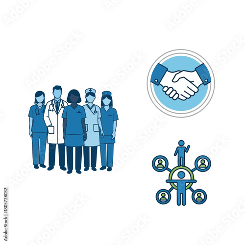 Vector illustration set of medical and business icons including a diverse healthcare team, a partnership handshake, and a network diagram.