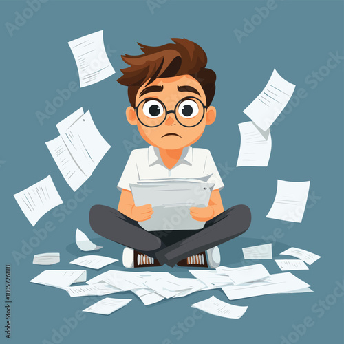 stress concept, frustrated angry business man sitting on floor, look at fraud mistake contract paper, mix feeling of fear, depression, rejection, frustration, unhappy