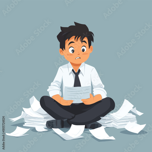 stress concept, frustrated angry business man sitting on floor, look at fraud mistake contract paper, mix feeling of fear, depression, rejection, frustration, unhappy
