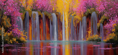 Enchanting waterfall cascading through a vibrant forest, colorful blossoms and serene water reflecting the scene, peaceful nature escape