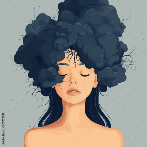 dark mentality, woman with messy dark fog - cloud on head. nerve system. vector illustration    , vector style simple color
