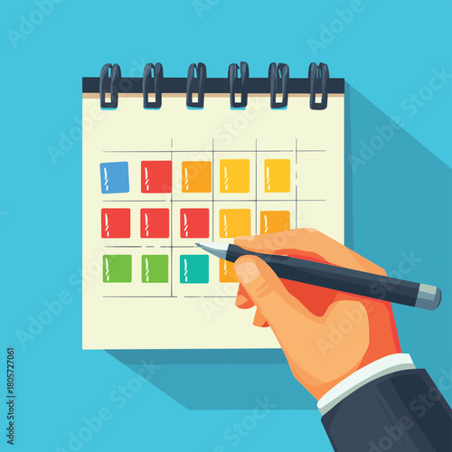 calendar planning schedule, meeting reminder note, businessman holding pen to make decision on calendar memo time.  , vector style simple color