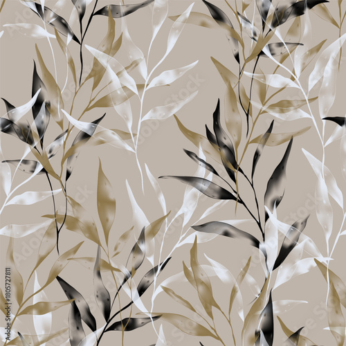 Botanical seamless pattern featuring watercolor-style leafy branches in shade...