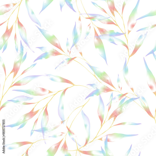 Botanical seamless pattern featuring leafy branches in translucent pastel rai...