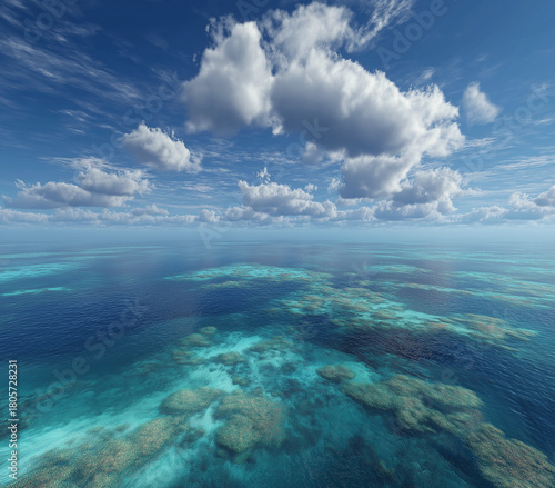 Serene turquoise ocean view under fluffy clouds, beckoning adventure and tranquility, perfect for travel, relaxation, or dreamy escape themes