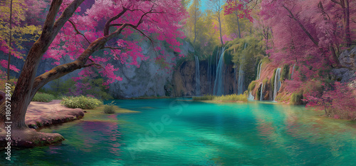 Enchanting waterfalls cascade into crystal clear turquoise lake surrounded by pink blossoming trees creating a serene and magical landscape