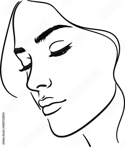Vector line portrait of a woman with closed eyes in a serene and introspective pose on black background