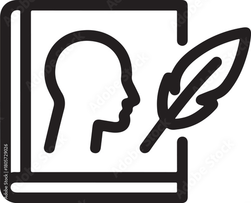 Vector outline icon showing an open book with a human head profile and a quill pen for biography.