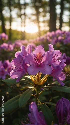 Purple Rhododendron Flowers Blooming In A Sunlit Forest Garden