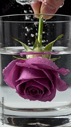 Purple Rose Submerged In Clear Water In Glass
