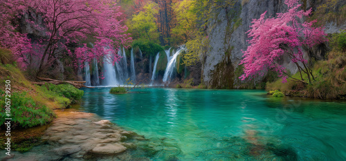 Stunning turquoise waters cascade through vibrant cherry blossoms, a peaceful oasis for meditation and reflection, promoting wellness and serenity now