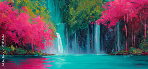 Serene waterfall flowing amidst vibrant pink and green trees, nature's artistic beauty, a calming escape, perfect for travel blogs and nature-themed designs