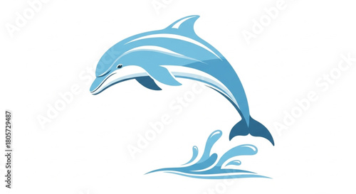 Flat-vector dolphin in motion with smooth curved shapes, light blue gradients, minimalistic premium style, isolated on white background