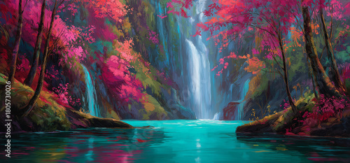 Enchanting waterfall cascading into turquoise waters surrounded by vividly colorful trees in a magical forest landscape, perfect for daydreaming