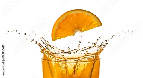 Orange slice splashing into a glass of orange juice.