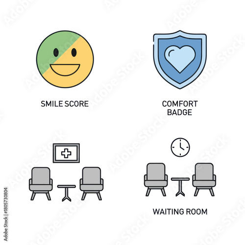 A set of colorful line icons representing patient care concepts like smile score, comfort badge, and waiting room.