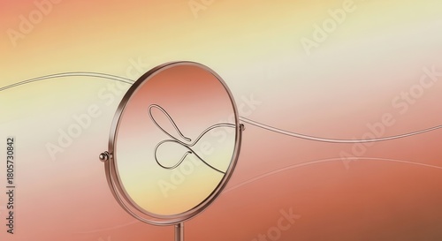 Round vanity mirror reflects an abstract looping shape against a soft gradient background