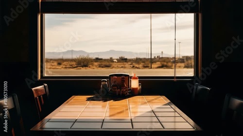 Empty table at a roadside diner overlooking the desert landscape at sunset. Cinematic view from a restaurant window in the american southwest for a road trip concept