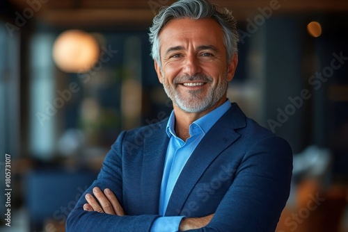 Confident middle-aged man in blue suit and light shirt standing with arms crossed in a modern office interior with warm bokeh lighting