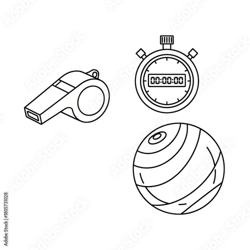 A simple line art icon set of sports equipment, including a coach's whistle, a digital stopwatch, and a fitness ball.