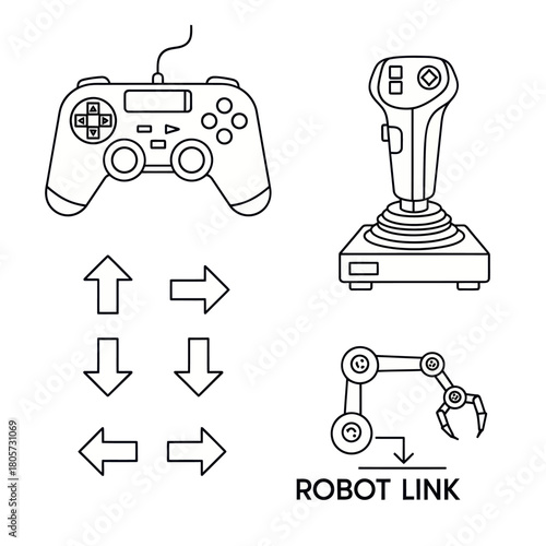 Collection of control device icons including a joystick, gamepad, and robotic arm link