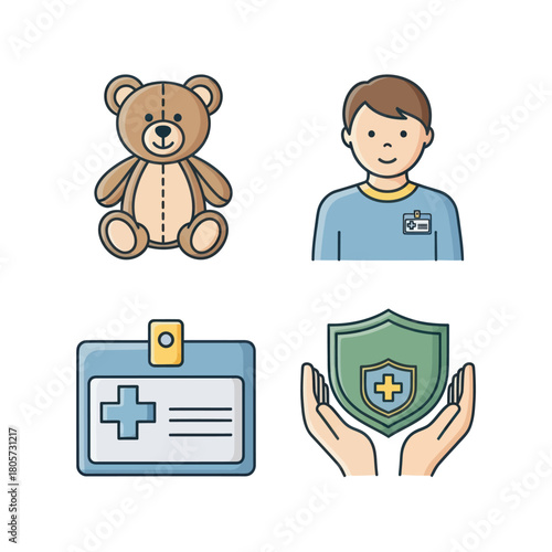 Pediatric healthcare and child health insurance RGB color icon set with teddy bear, patient, ID card, and protection shield.