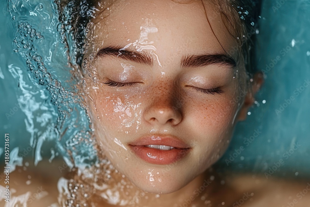 Fototapeta premium Energetic close-up of turquoise water splashing with bubbles and droplets and wet hair glimpses at edges conveying a refreshing playful motion
