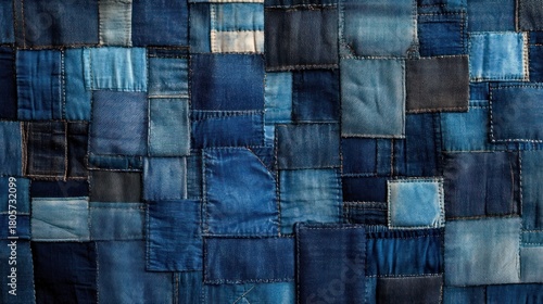 handstitched patchwork denim quilt composed of blue jean fabric squares and rectangles with visible seams and frayed edges, evoking a cozy nostalgic artisanal mood