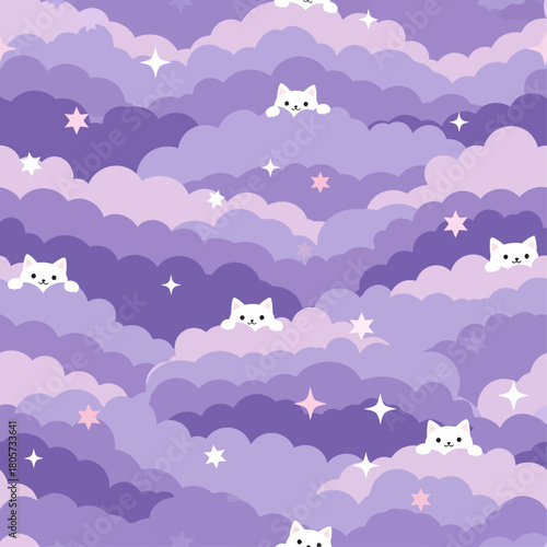 Playful white cats peek over layers of soft violet and lilac clouds, accented by twinkling stars, in this dreamy seamless pattern that captures the soothing and whimsical essence of a magical night