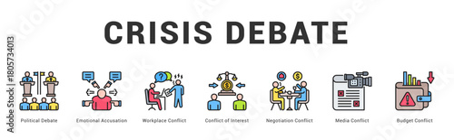 Crisis Debate Modern and clean web banner illustration featuring thematic icons for visual communication