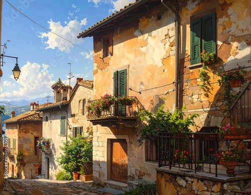 A charming, sunlit street scene in a picturesque European town with flower-filled balconies and textured buildings